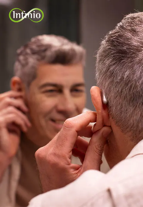 Homem ajustando aparelho auditivo Phonak na orelha